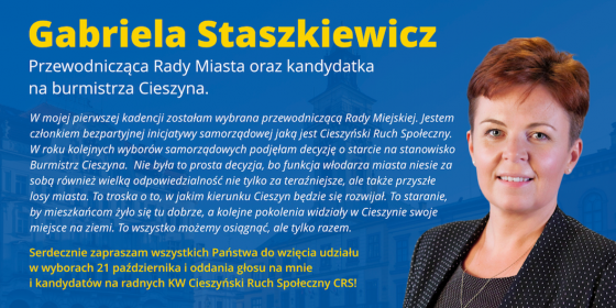 Gabriela Staszkiewicz kandyduje na nowego burmistrza Cieszyna!